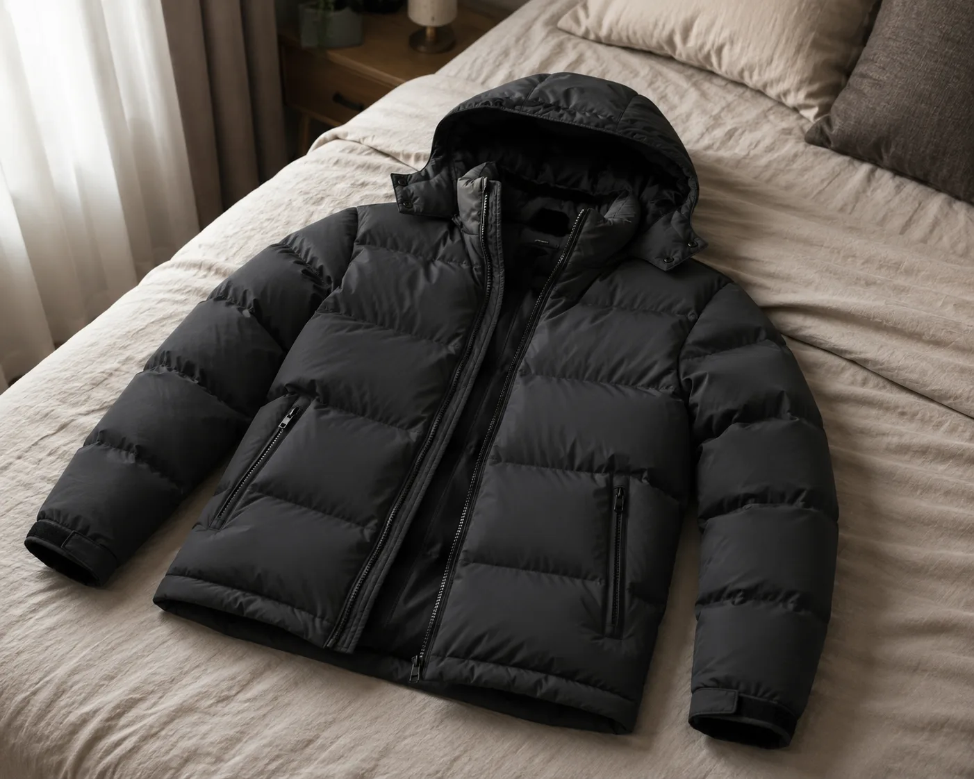 Uploaded: black puffer jacket laid flat